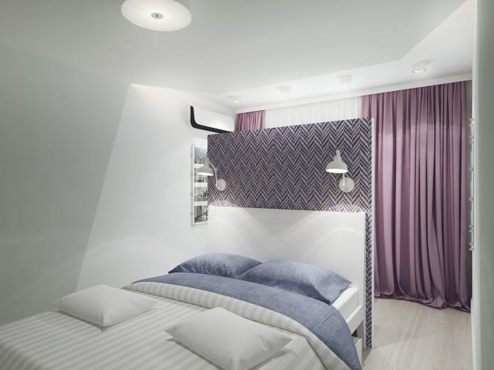 slaapkamerinterieur met paarse gordijnen