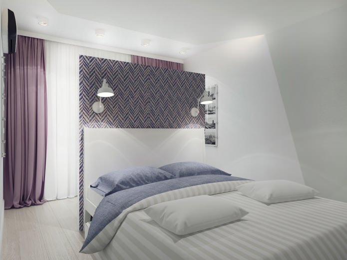 slaapkamerinterieur met paarse gordijnen