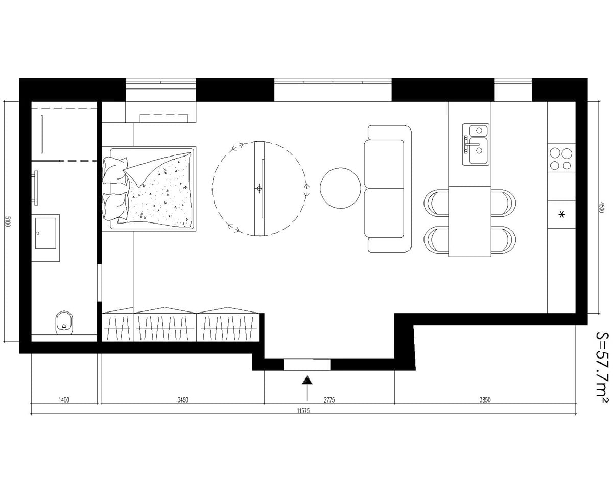 Indeling van een woning van 57 m?. studio