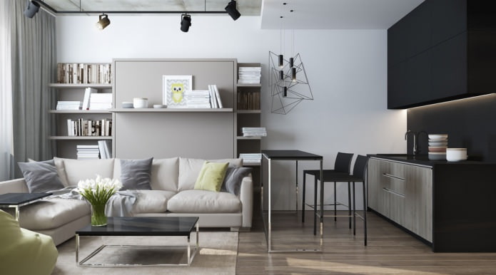 Modern design van een woonkamer gecombineerd met een keuken in een studio-appartement