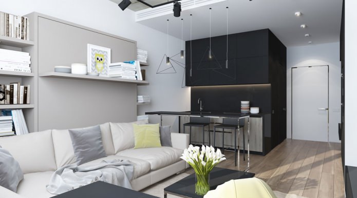 Modern design van een woonkamer gecombineerd met een keuken in een studio-appartement