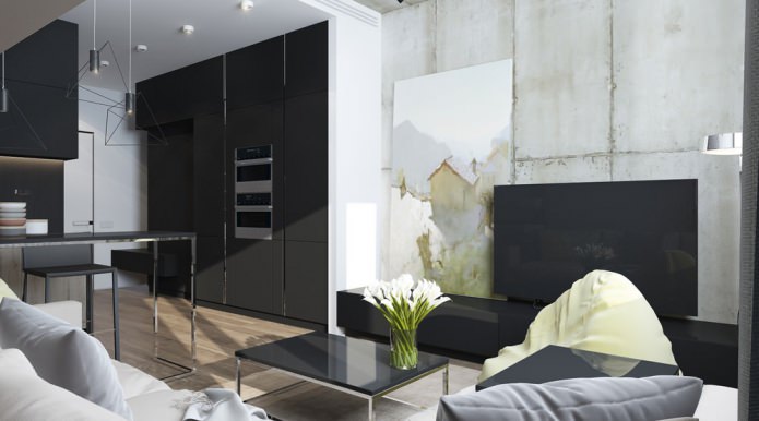 Modern ontwerp van een woonkamer gecombineerd met een keuken in een studio-appartement