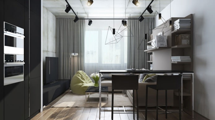 Modern ontwerp van een woonkamer gecombineerd met een keuken in een studio-appartement