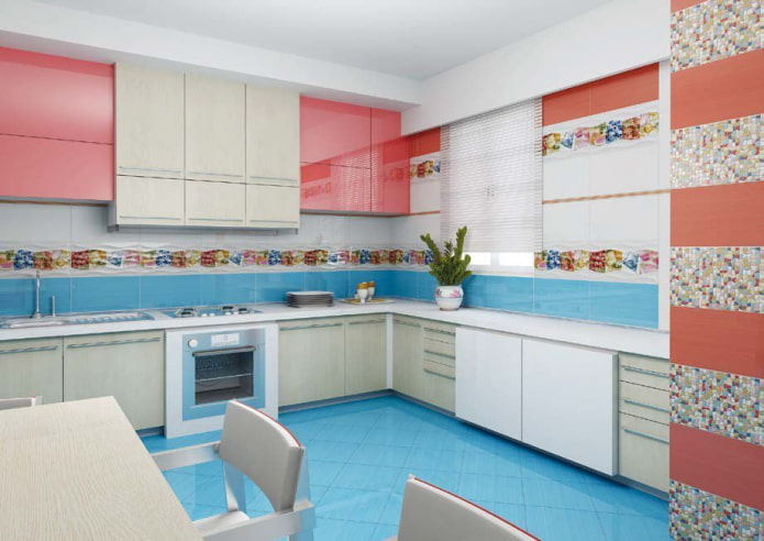 keukeninterieur in roze en blauwe tinten
