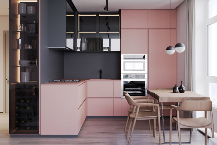 meubels en apparatuur in het keukeninterieur in roze tinten