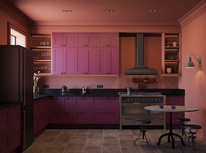 keukeninterieur in roze en lila tinten