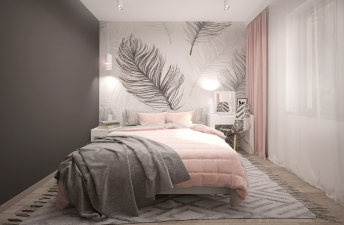 interieur van een grijs-roze slaapkamer