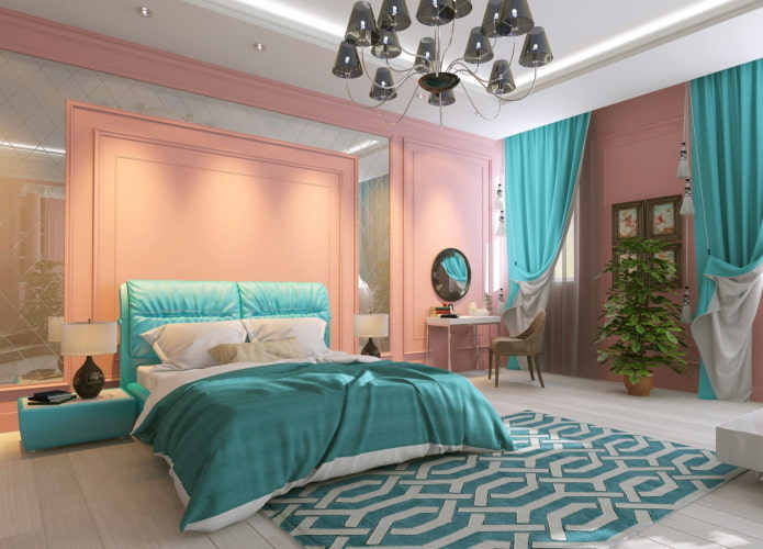slaapkamerinterieur in roze en turquoise tinten