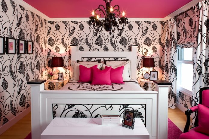 zwart en roze slaapkamerinterieur