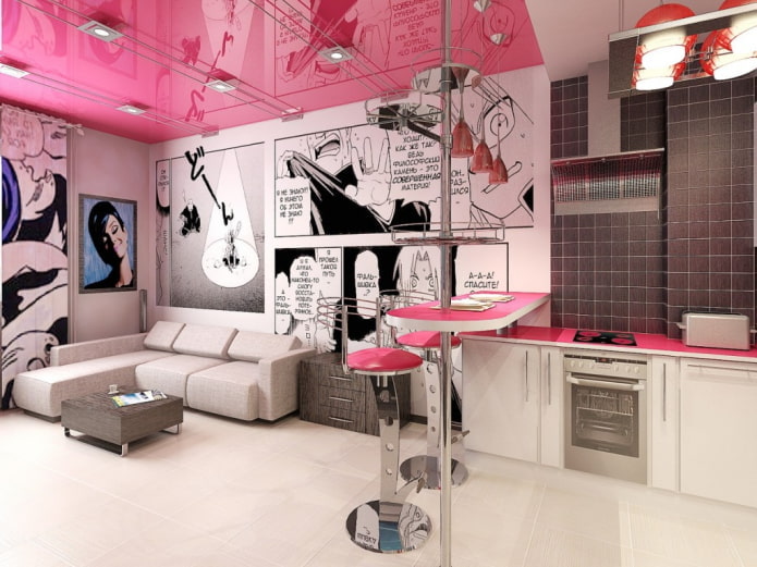 roze spanplafond in de interieur