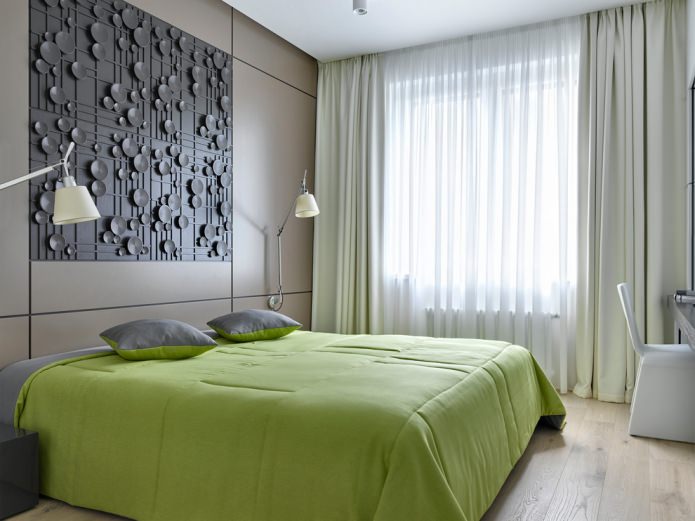 grijs en lichtgroen slaapkamerinterieur