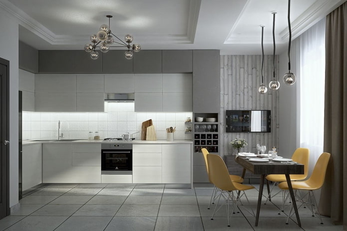 meubels en apparatuur in het keukeninterieur in grijstinten