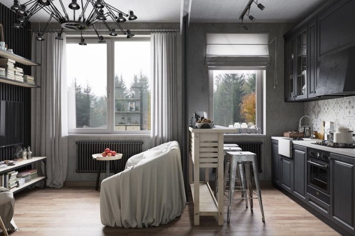 gordijnen in het keukeninterieur in grijstinten