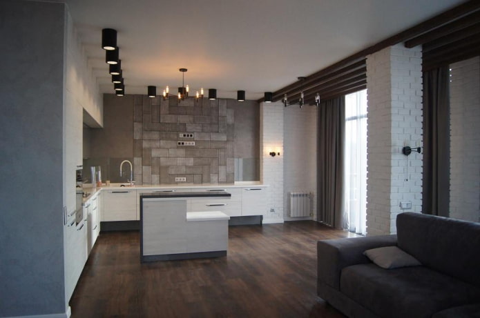 loftkeuken met verschillende soorten metselwerk