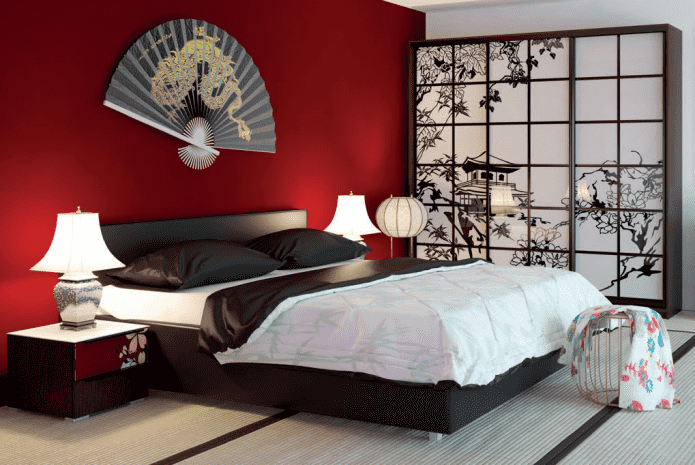 Kledingkast in het slaapkamerinterieur in Japanse stijl