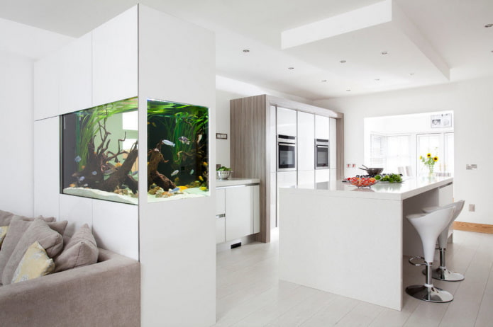 een kast met een aquarium als scheidingswand in het interieur