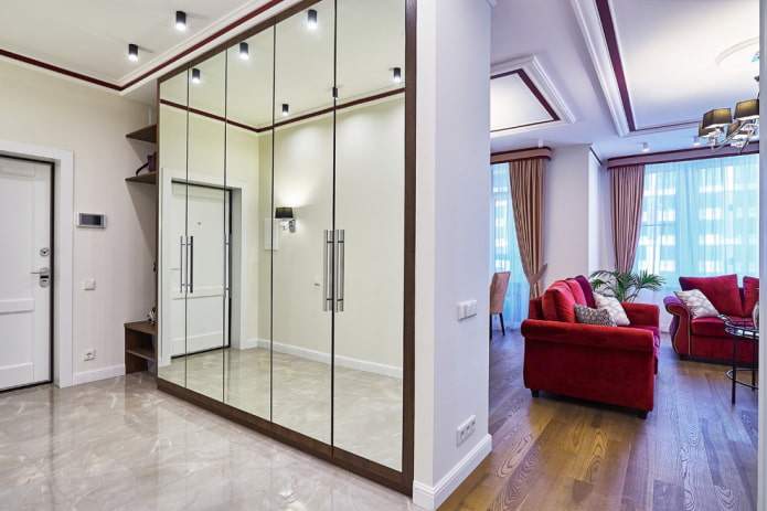 een kledingkast in de vorm van een scheidingswand in het interieur van de hal-woonkamer