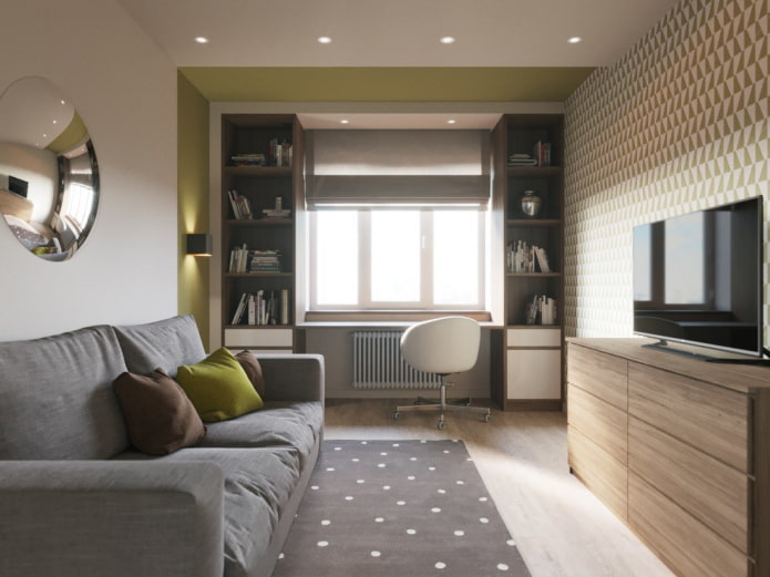 kasten rond het raam in het interieur van de woonkamer