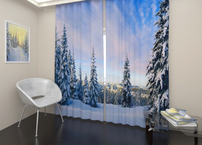 lange 3D-gordijnen met de afbeelding van het bos
