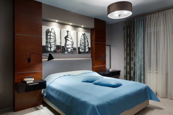 turquoise en bruine slaapkamerinterieur met dubbele gordijnen en tule