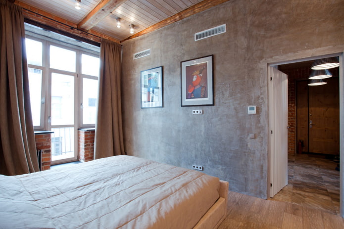 matte gordijnen in een loft-stijl slaapkamer