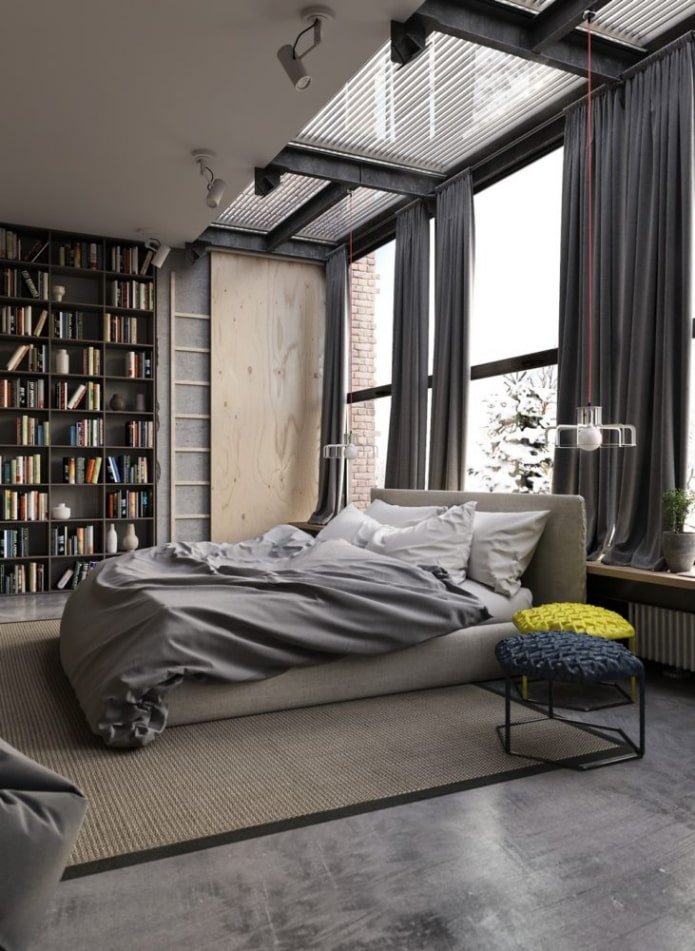 gordijnen in de slaapkamer in loftstijl