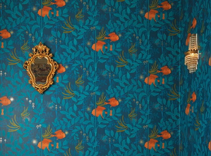 Oranje en blauw behang