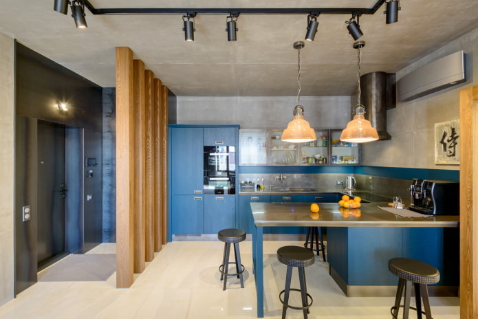 keuken in blauwe tinten in loftstijl