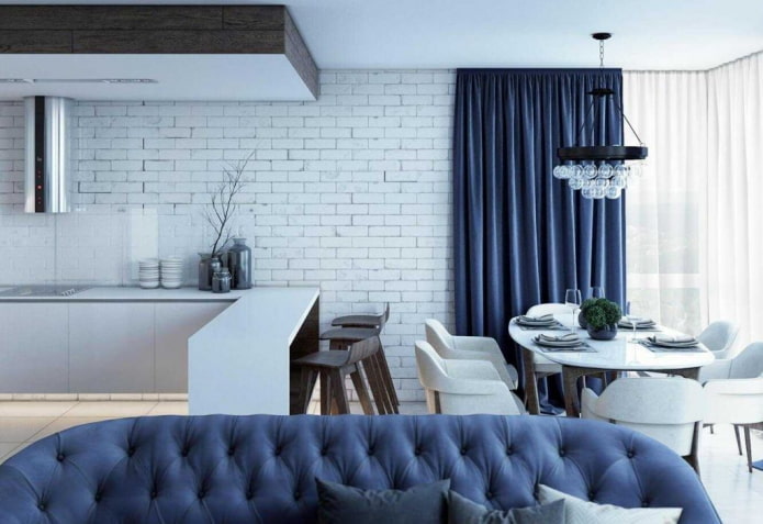 keuken-woonkamerinterieur in blauwe tinten