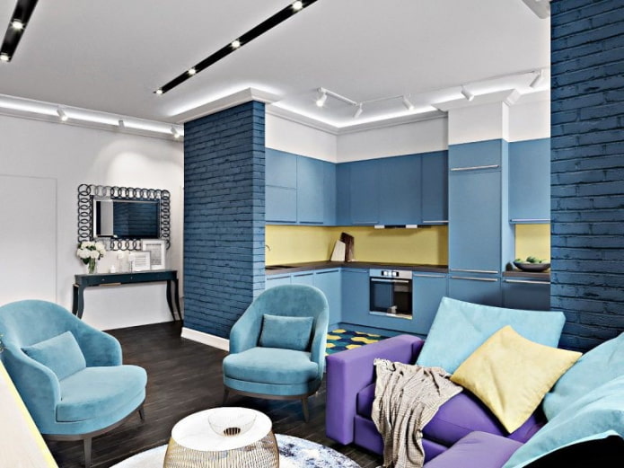 keuken-woonkamerinterieur in blauwe tinten
