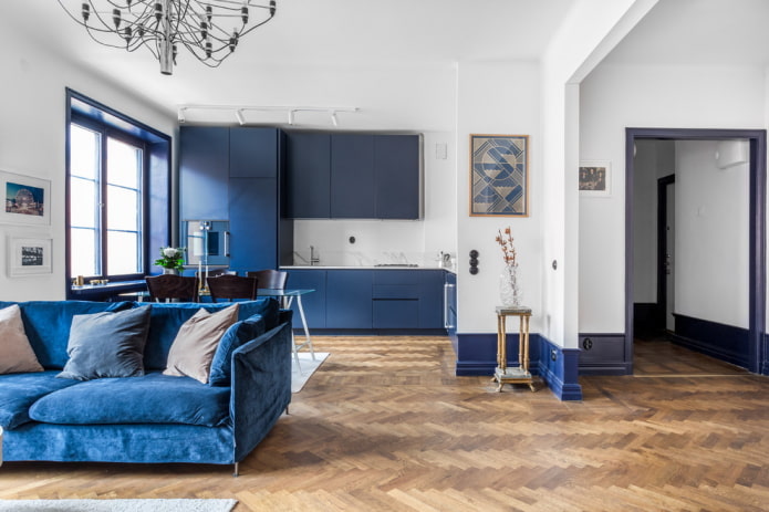 keuken-woonkamerinterieur in blauwe tinten