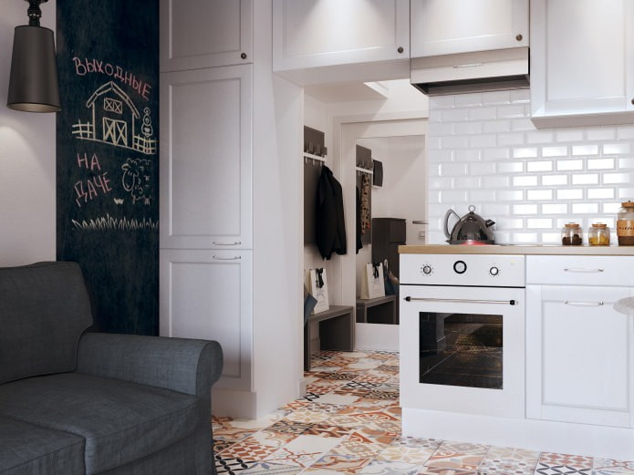 Keukeninterieur in een studio van 26 m2.