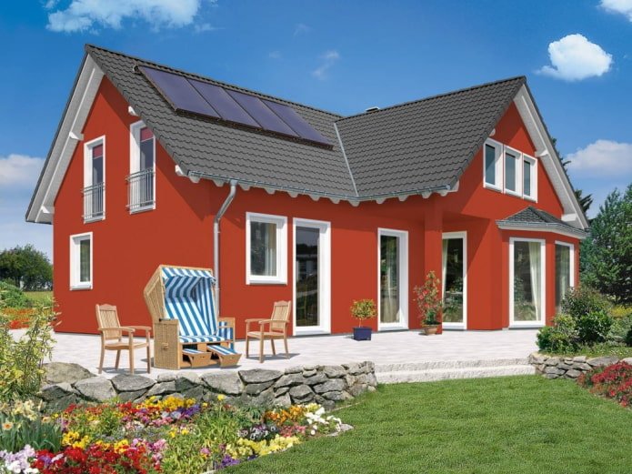 rood huis met een grijs dak