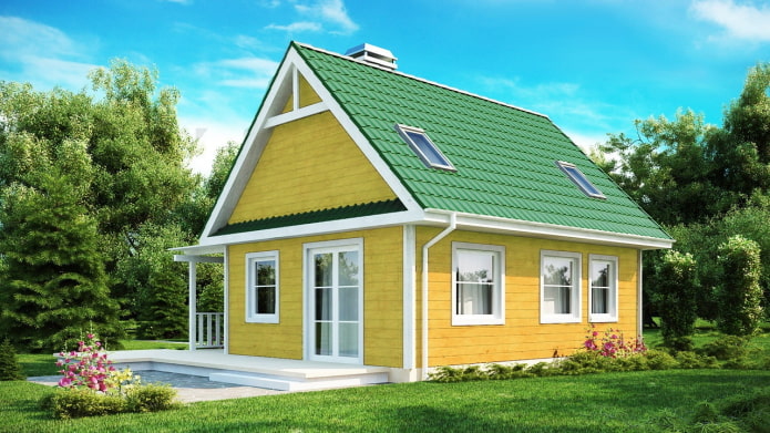 geel landhuis met een felgroen dak