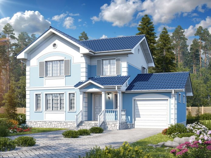 wit en blauw huis met een blauw dak