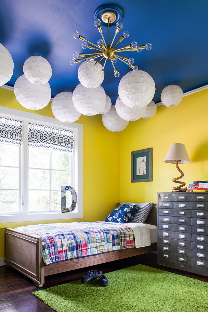een lichte kinderkamer met een blauw plafond