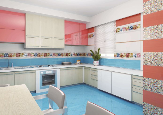 strepenpatroon in een witte, perzikkleurige en blauwe keuken