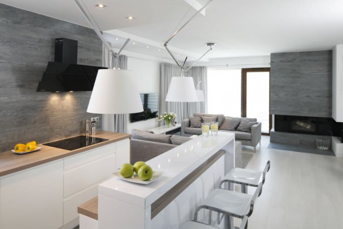 Ontwerp van een moderne keuken-woonkamer met bar