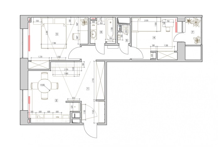 Indeling van een tweekamerappartement van 52 m?.