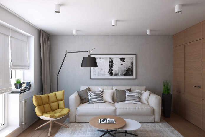 woonkamerontwerp in een eenkamerappartement van 43 m?.