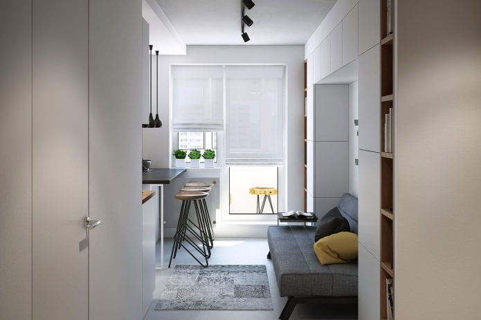 ontwerp van een woonkeuken in een eenkamerappartement van 43 m?.