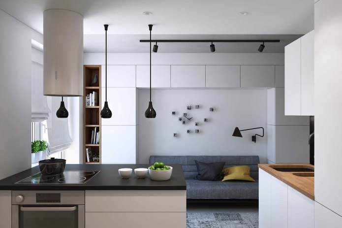 ontwerp van een woonkeuken in een eenkamerappartement van 43 m?.