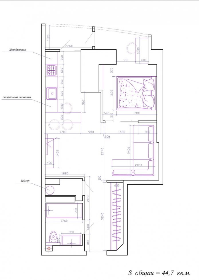 indeling van een eenkamerappartement van 45 m?.
