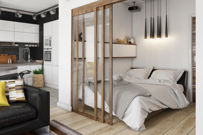 schuifdeuren in het interieur van de keuken-slaapkamer