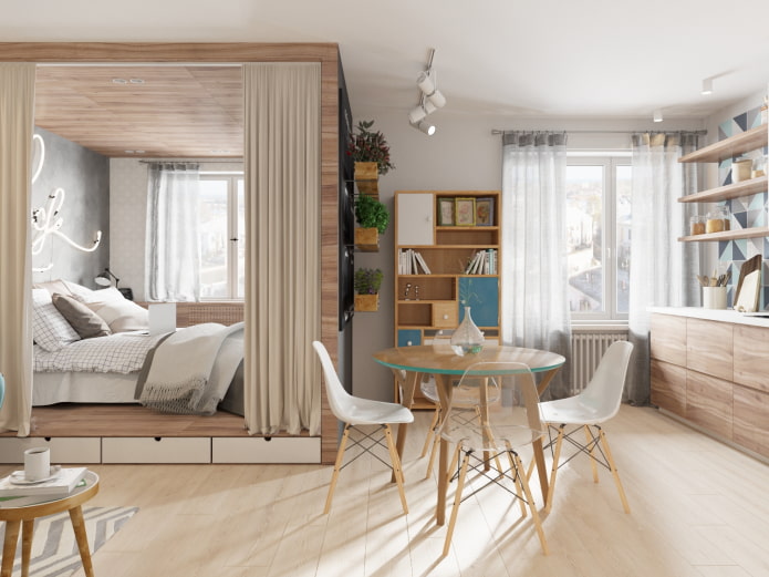 slaapgedeelte achter gordijnen in het keukeninterieur