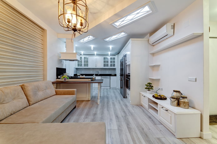 visuele indeling van de keuken-slaapkamer