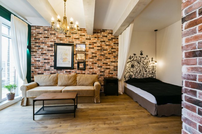 zonering met afwerking in het interieur van de slaapkamer-woonkamer