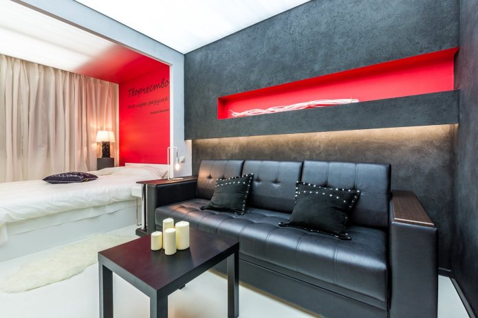 kleurzonering in het interieur van de woon-slaapkamer