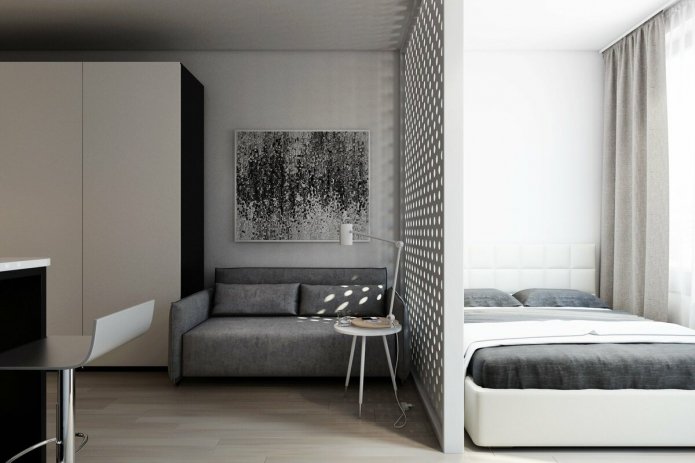 interieur van een slaapkamer-woonkamer in minimalistische stijl