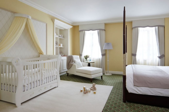 visuele indeling van een gecombineerde slaapkamer en kinderkamer